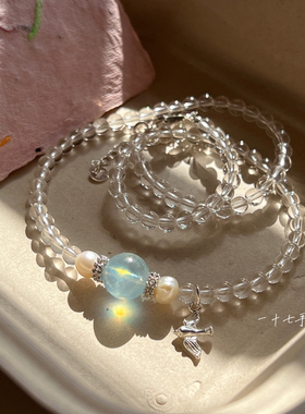 s925银白水晶海蓝宝飞鸟水晶项链