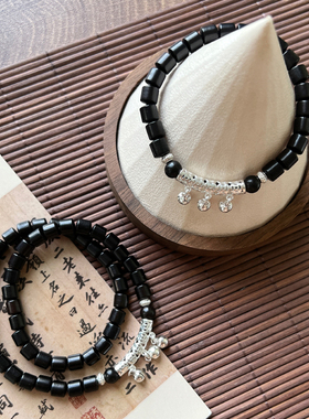 原创s925银铜钱铃铛黑檀木手串