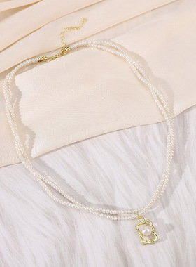 双层小麻花珍珠方框吊坠2024新款法式项链短款锁骨链轻奢气质颈链