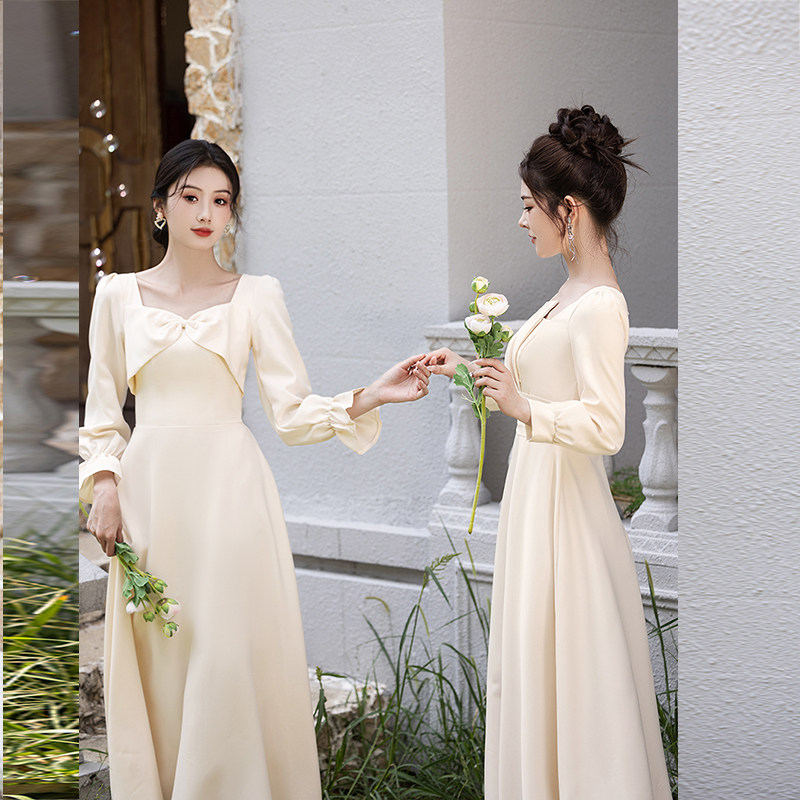 伴娘服姐妹裙新品长袖气质闺蜜装显瘦伴娘团香槟色礼服裙平常可穿 - 图1