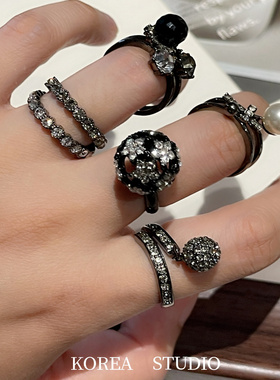 开口戒复古轻奢满钻水晶暗色戒指