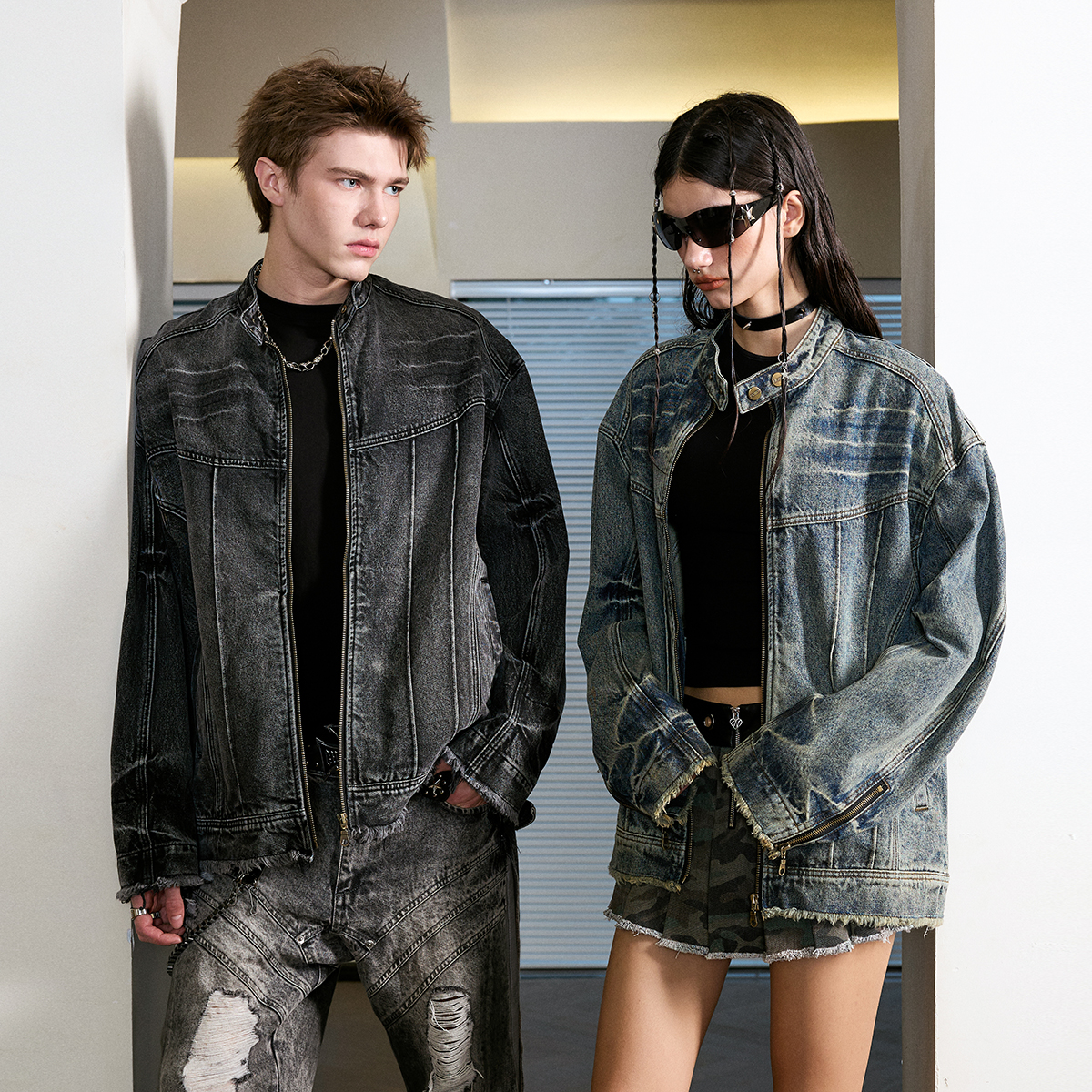 FORNINES机甲做旧水洗牛仔夹克男女潮牌衣服春秋美式复古立领外套 - 图0