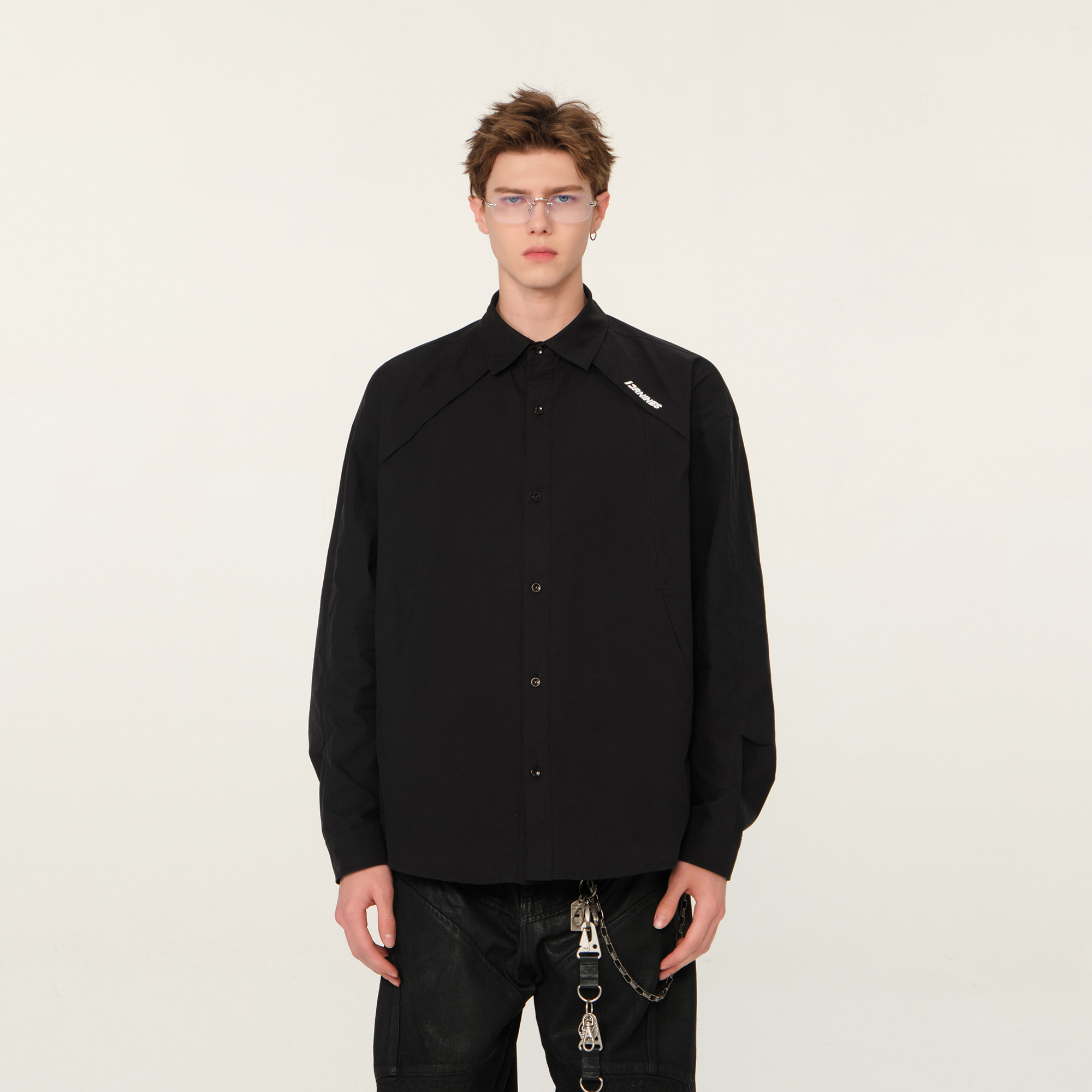 FORNINES刺绣设计感解构长袖衬衫男生潮牌黑色上衣春季休闲外套女,淘宝优惠券,粉丝福利购,淘宝优惠卷