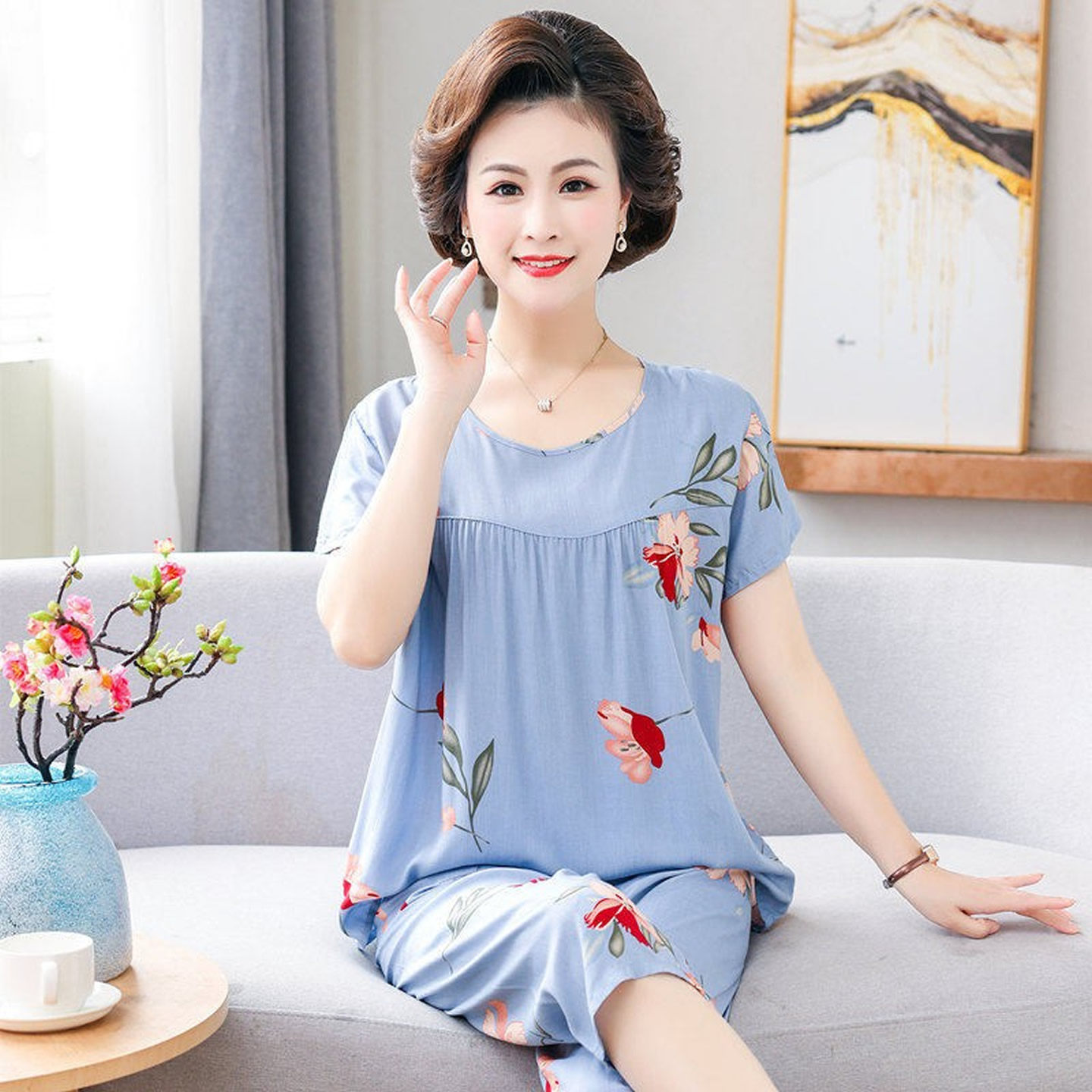 Women's summer short-sleeved cotton pajamas for middle-aged and elderly people