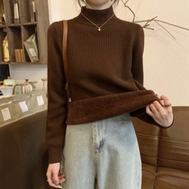 Mead Thickening Integrated Suede Knit Sweater Woman 2023 Winter Semi-high collar Neft with warm-to-bottom blouses