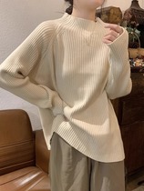 Semi-high collar pit strip retro sweater woman 2023 autumn winter loose with lazy inner lap dresses milk fufu for underhand jersey