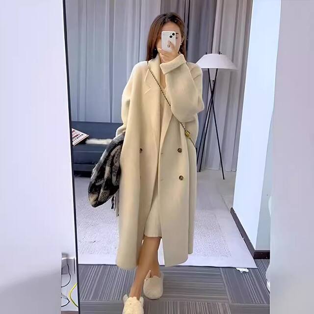 Lazy style oatmeal coat double-sided woolen coat for women 2025 autumn and winter new Korean version slimming mid-length woolen coat