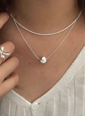 赛伊娜S925纯银小众设计双层叠带拉丝猫眼珠项链时尚高级感锁骨