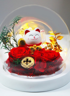 永生花招财猫摆件玫瑰真花礼盒家居装饰乔迁开业礼品七夕礼物跨境