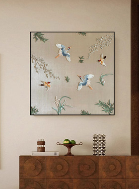 宋式美学飞鸟花鸟刺绣挂画复古国风方形装饰画客厅茶室背景墙壁画