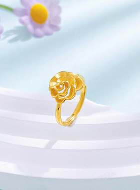 足金999花朵戒指女款玫瑰花黄金固口指环生日礼物送女友爱人