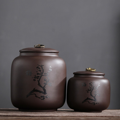 原矿紫砂茶叶罐大号一斤装家用密封罐陶瓷普洱醒茶罐雕刻梅兰竹菊 - 图1