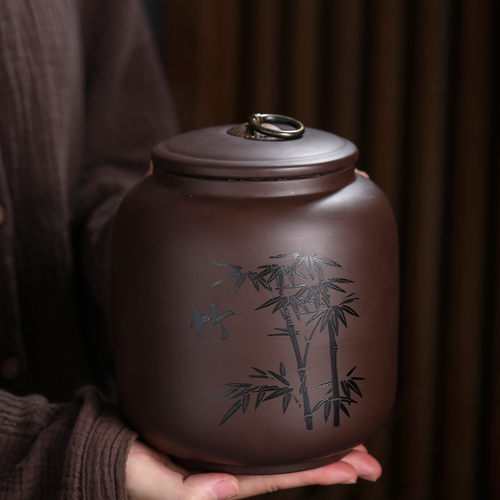 原矿紫砂茶叶罐大号一斤装家用密封罐陶瓷普洱醒茶罐雕刻梅兰竹菊 - 图0