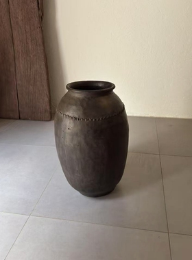 侘寂风土罐黑色土陶罐子空间摆件