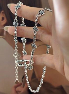S925纯银梅花十字架别针项链复古万能扣百搭鸢尾花个性重工颈链