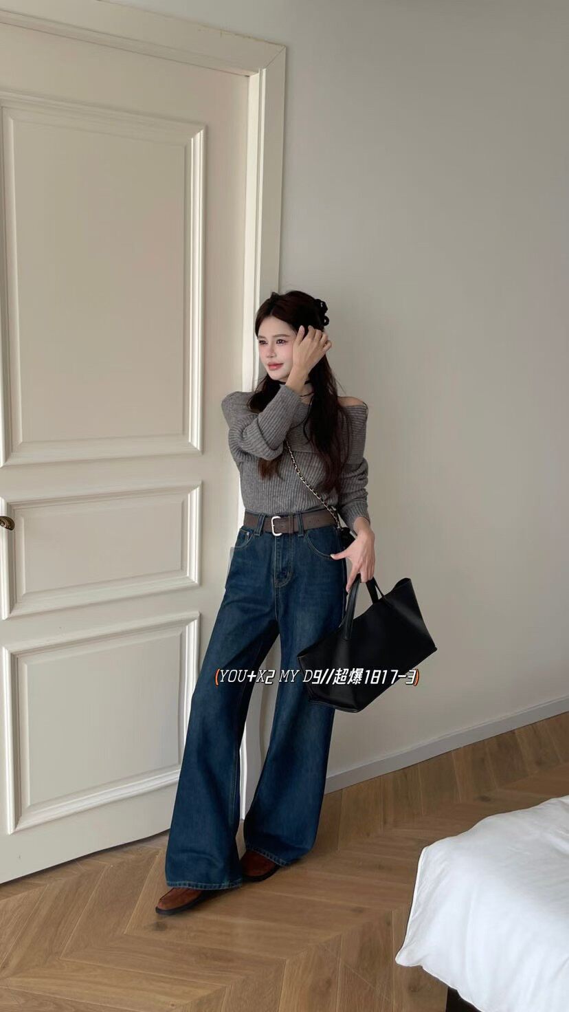 韩系热销高腰直筒牛仔裤女冬季新款植绒宽松显瘦休闲窄版阔腿裤