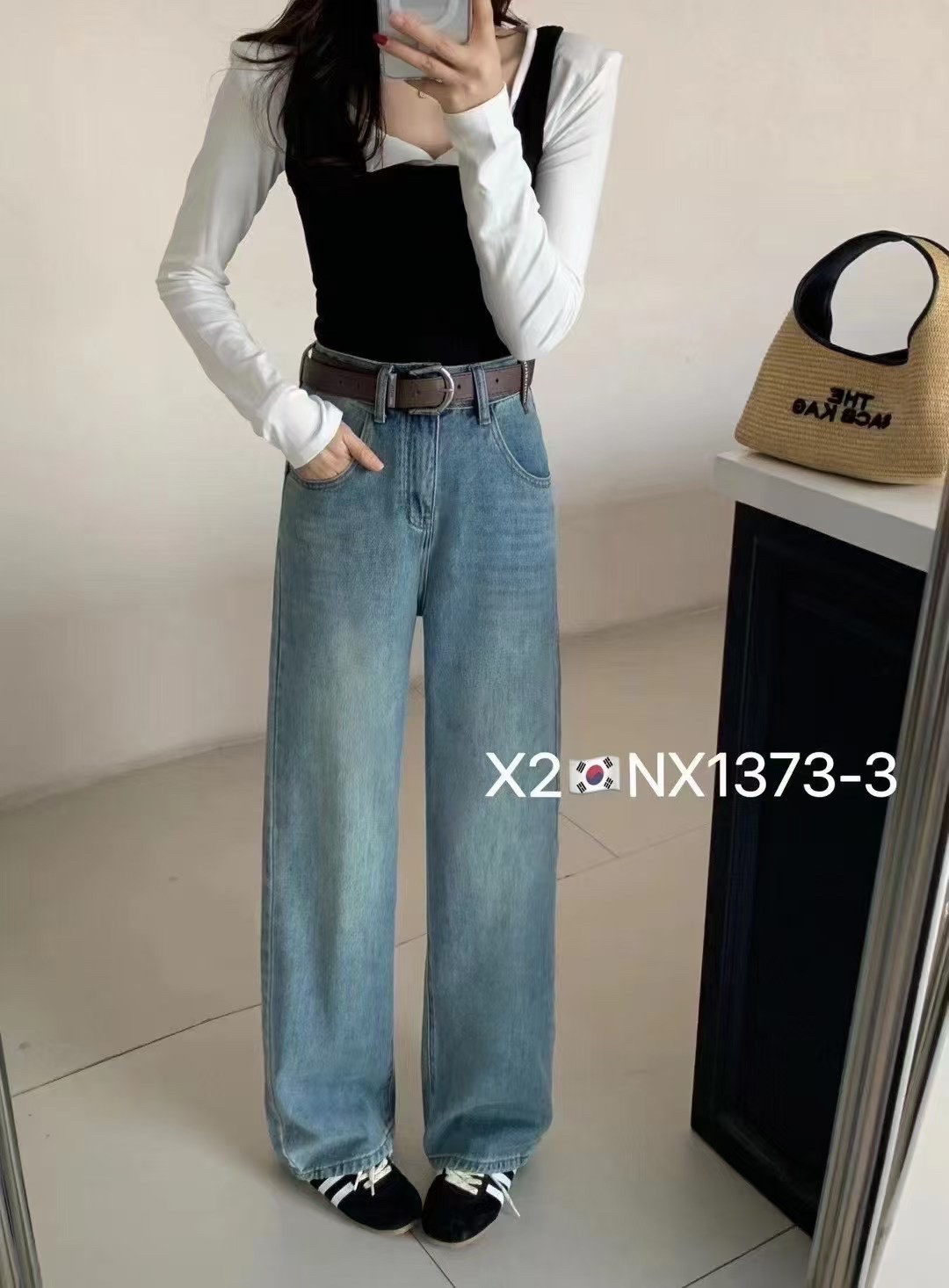 X2春季热销韩版简约高腰遮胯宽松阔腿直筒休闲百搭拖地牛仔裤女