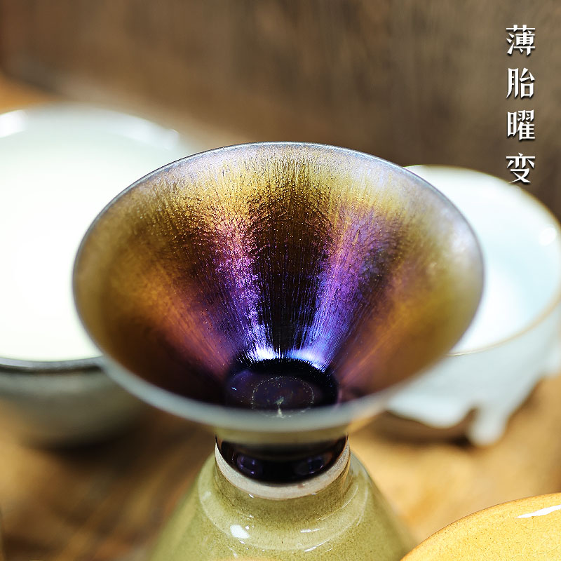 原矿建盏曜变主人茶杯名家陶瓷茶具手工铁胎幻彩油滴薄胎天目茶盏 - 图1