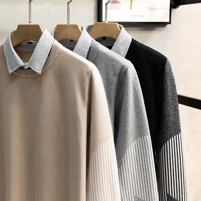 Light cooked shirt collar sweater men's autumn and winter Japanese trend fake two pieces of knitted shirts handsome casual internal jacket