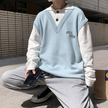 ins fake sweater two-piece for men in spring and autumn trendy college style Japanese spliced ​​sweater Korean style handsome loose jacket