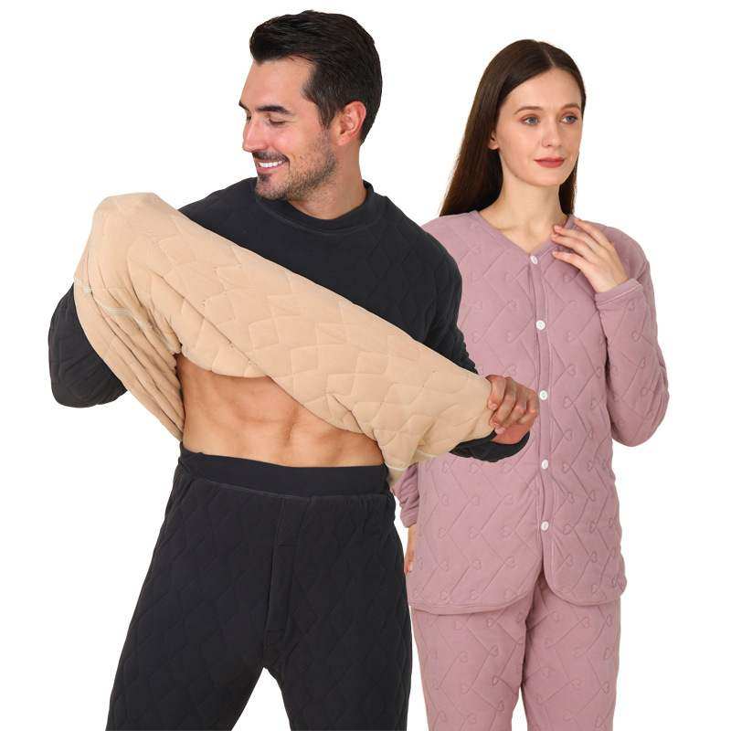 泽优品 600克保暖内衣三层夹棉套装冬加绒超厚男女中老年秋衣秋裤