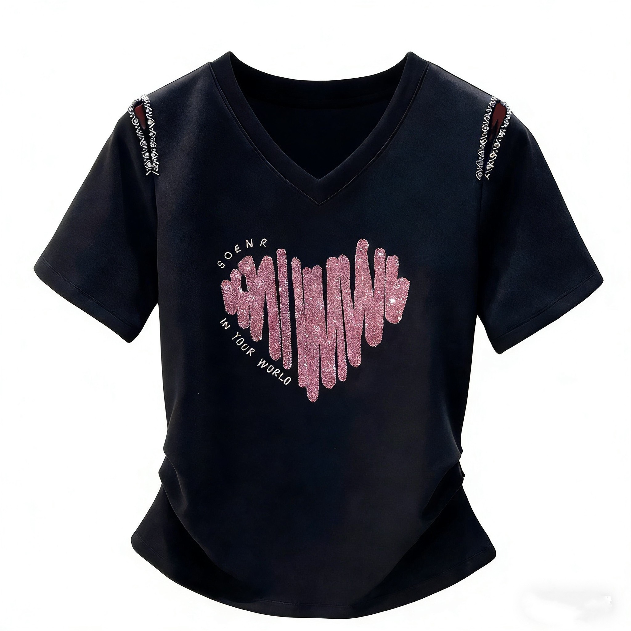 2025夏季新款短袖t恤 女显瘦重工钉珠露肩刺绣亮片褶皱圆领上衣潮