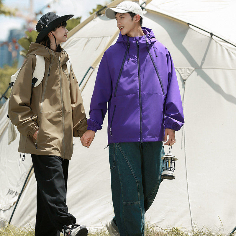 BUFFALO BOUN户外休闲风连帽撞色冲锋衣男女情侣款宽松运动外套