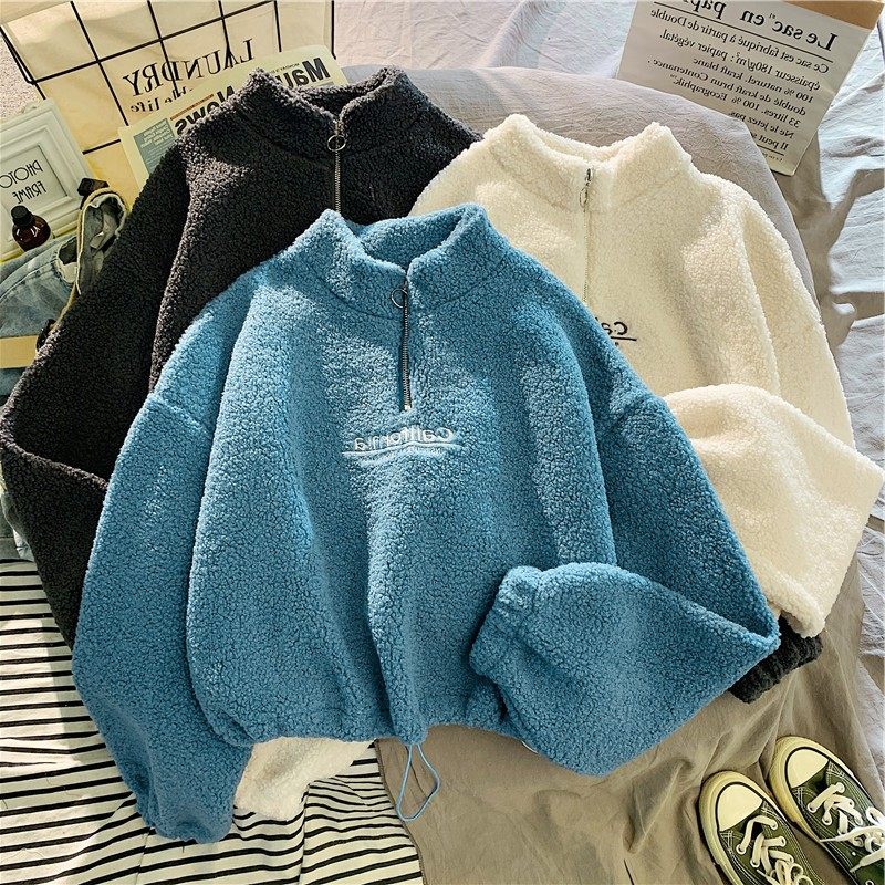 实拍羊羔绒短款半高领卫衣女加绒加厚宽松欧美秋冬拉链上衣外套,淘宝优惠券,粉丝福利购,淘宝优惠卷