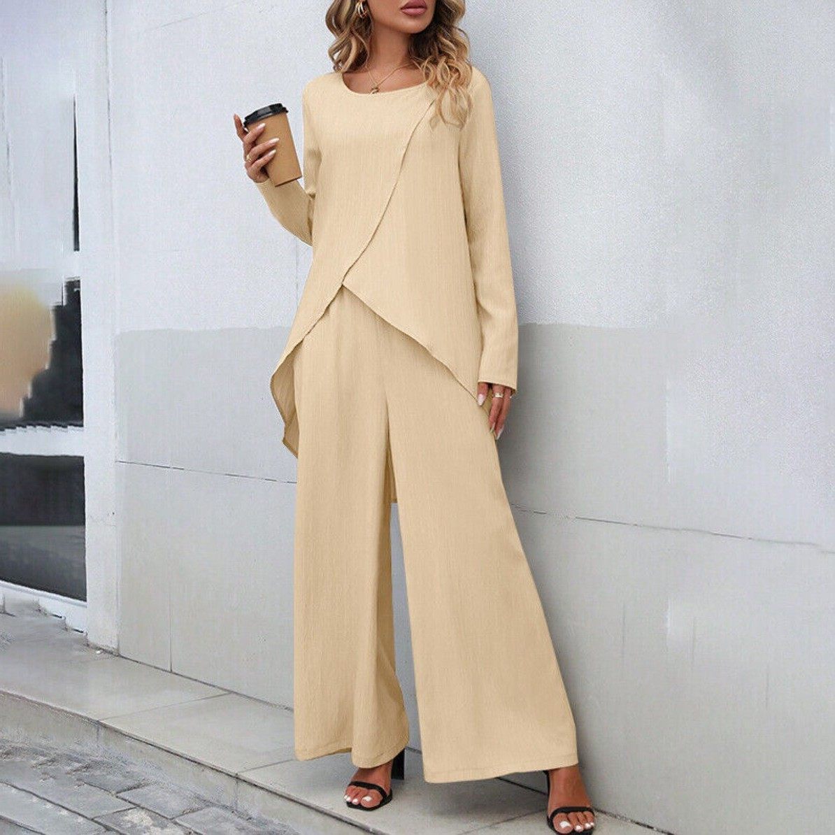 现货欧美新品女装时尚休闲交叉大码不规则长袖套装阔腿裤套装,淘宝优惠券,粉丝福利购,淘宝优惠卷