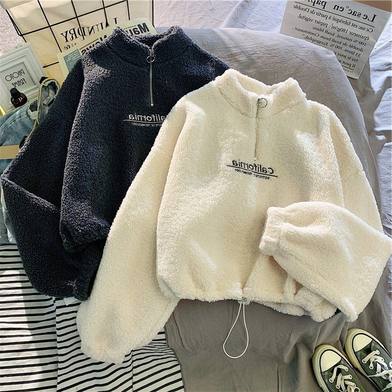 实拍羊羔绒短款半高领卫衣女加绒加厚宽松欧美秋冬拉链上衣外套,淘宝优惠券,粉丝福利购,淘宝优惠卷