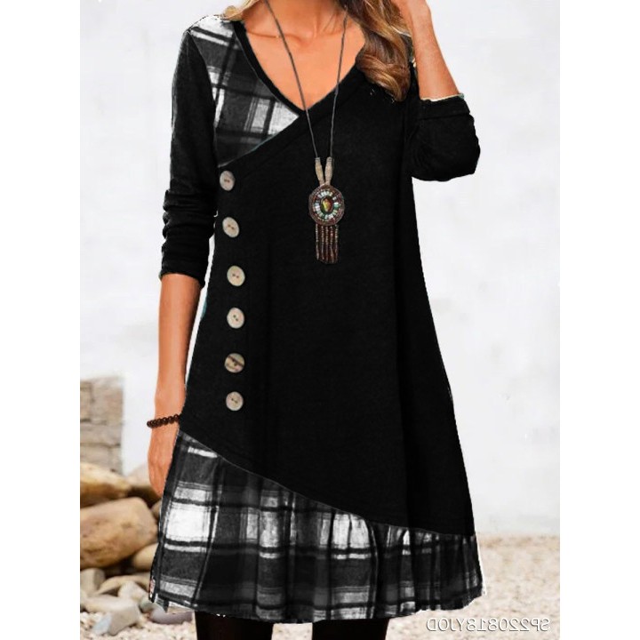 亚马逊速卖通独立站秋新款领拼接装饰扣长袖格子印花连衣裙 - 图0