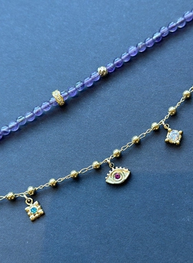 钛钢镀金双层紫水晶脚链/手链显白作工精细脚链长19+4~手链15+2.5