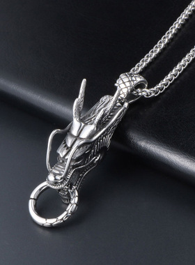 复古霸气中国龙头钛钢吊坠项链男士民族风朋克龙的传人配饰不掉色