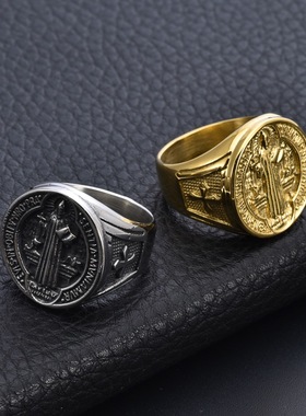 亚马逊跨境钛钢圣本笃驱魔圣牌戒指男轻奢高级感不锈钢指环不掉色