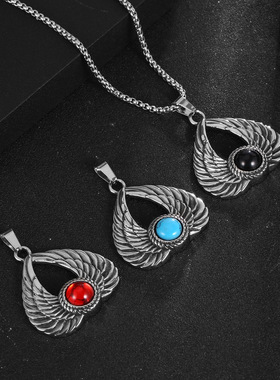 hiphop潮牌天使之翼男士项链钛钢复古高街翅膀个性嘻哈不掉色挂件