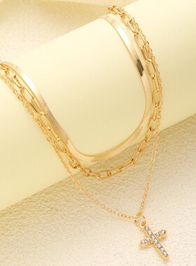 3pcs Cross Necklace潮流嘻哈点钻十字架项链3件套多层叠戴锁骨链