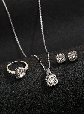 Necklace+Ring吊坠方形切割微镶锆首饰时尚项链耳钉戒指三件套装