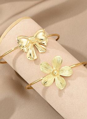 Bracelet欧美复古风蝴蝶结金色手环开口可调节小众设计感开口手镯