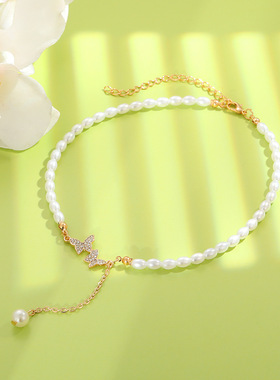 Women Necklace欧美风复古仿珍珠蝴蝶项链小众设计轻奢高级感颈链