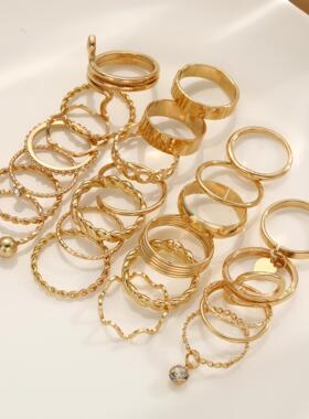 24pcs Ring镶钻眼睛十字架树叶戒指多关节24件套珍珠太阳月亮戒指