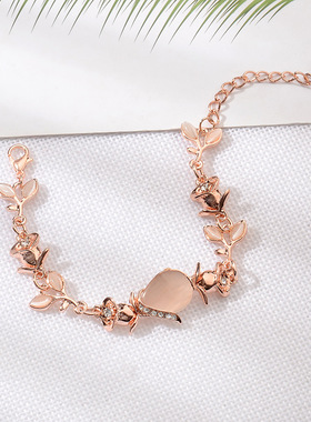 新款韩版创意手饰 日韩潮流耀眼猫眼石树叶玫瑰金手链女 厂家