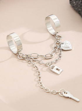 Women Ring Chain链条两指连体戒指创意钥匙锁吊坠开口连体戒指