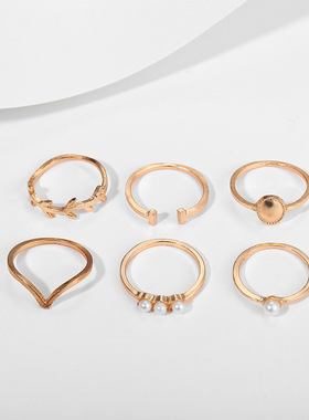 6pcs Ring Sets欧美名媛街拍复古戒指6件镀金仿珍珠树叶戒指套装
