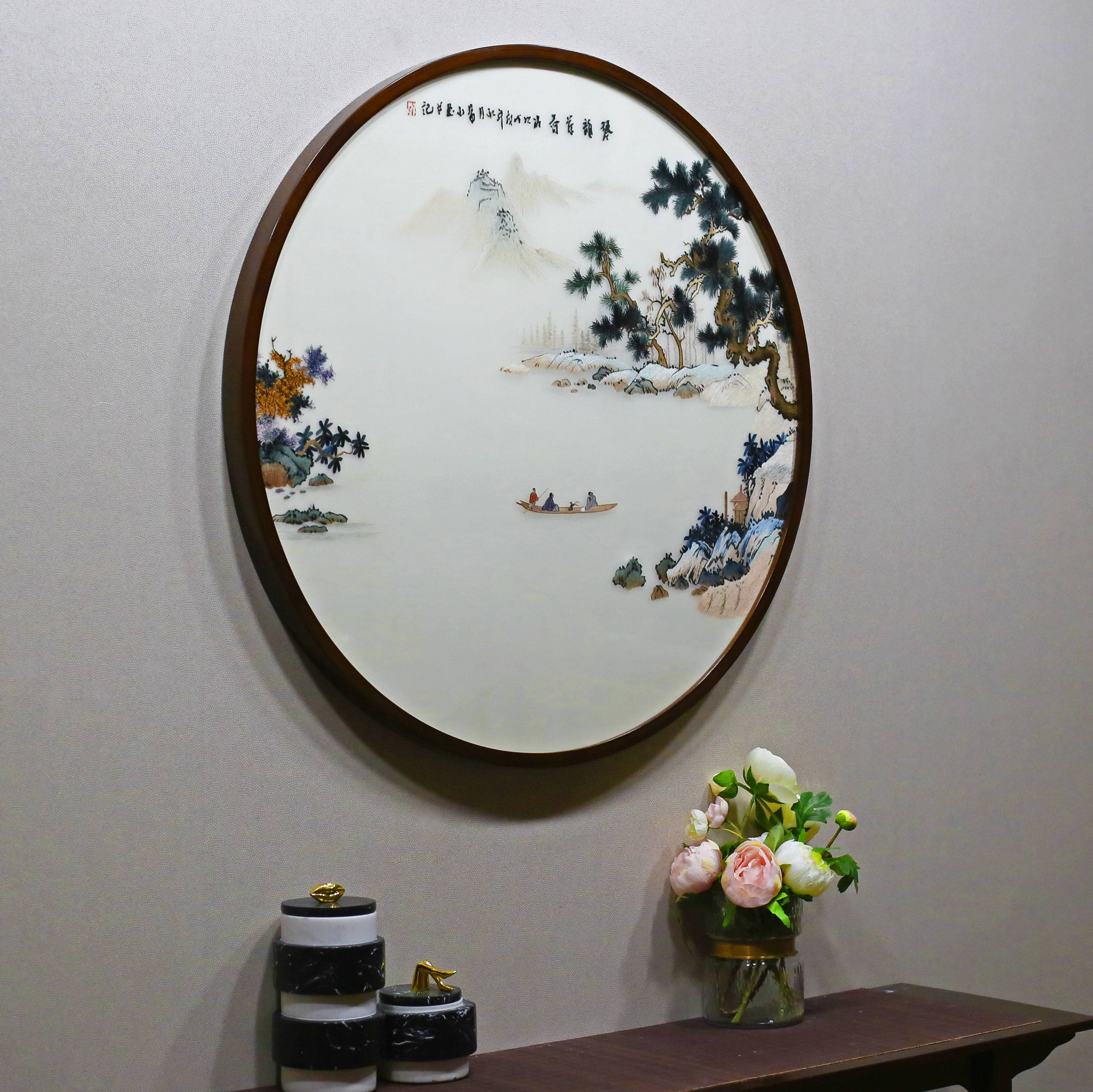 湘绣手工刺绣圆形带框成品装饰画玄关走廊餐厅挂画苏绣风景画客厅