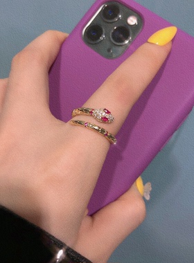 微镶红色高级感百搭风金属戒指