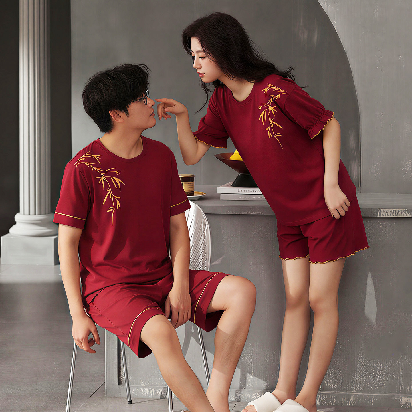 情侣红色纯棉睡衣夏季男女短袖短裤本命年结婚家居服带胸垫套装,淘宝优惠券,粉丝福利购,淘宝优惠卷