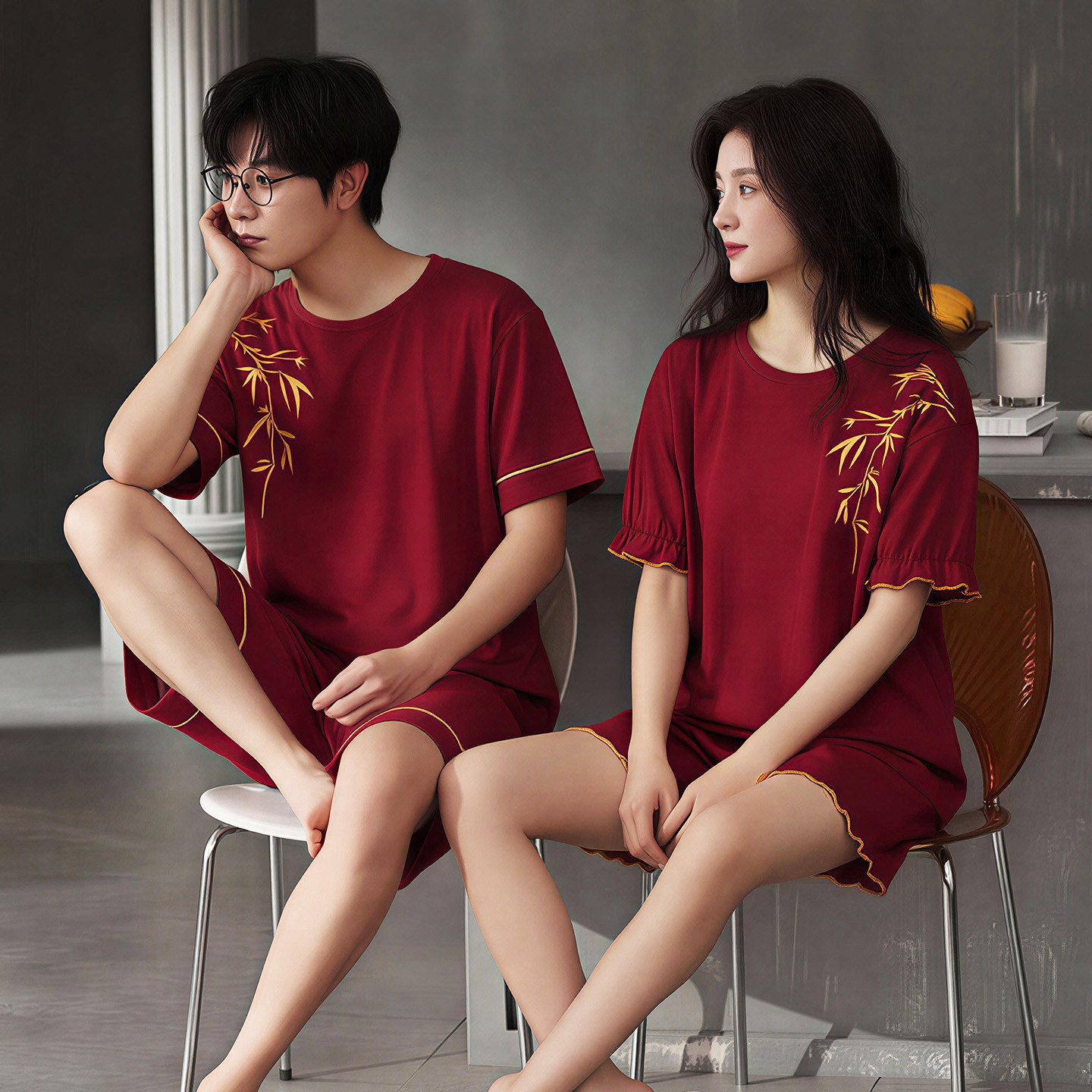 情侣红色纯棉睡衣夏季男女短袖短裤本命年结婚家居服带胸垫套装,淘宝优惠券,粉丝福利购,淘宝优惠卷