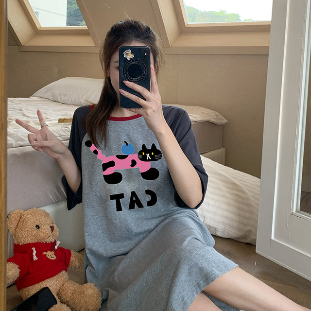 Women's pure cotton summer short-sleeved nightgown loose large size