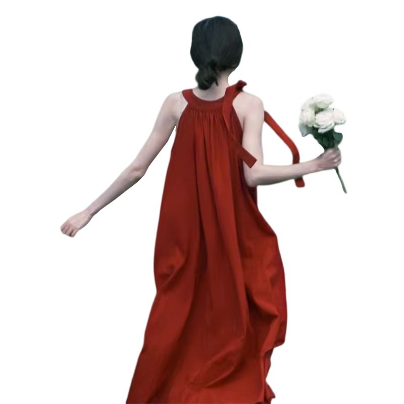 特价清仓法式独特绝美复古红色无袖连衣裙女小个子海边氛围感长裙
