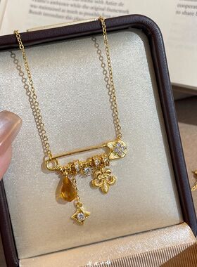 金色拉丝鸢尾花2025中古星芒别针项链轻奢小众设计感高级感锁骨
